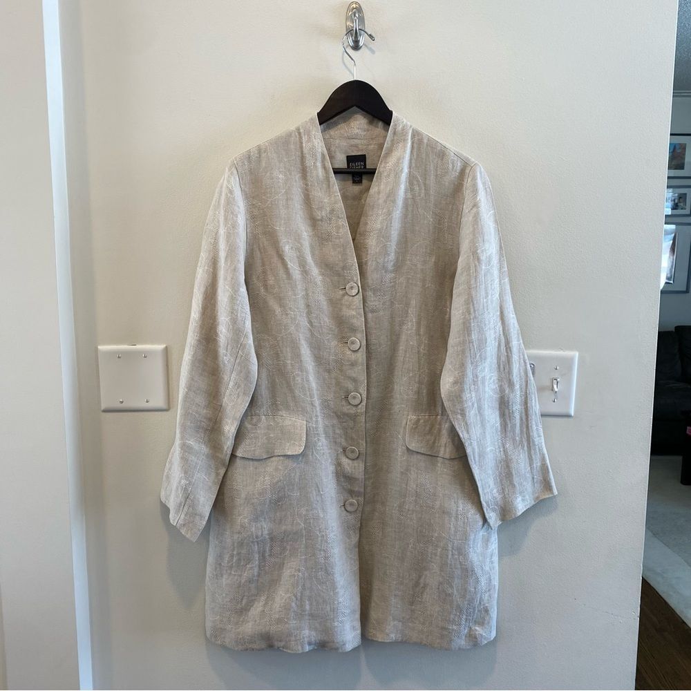 Eileen Fisher Womens blazer long jacket size large 100% organic linen woven